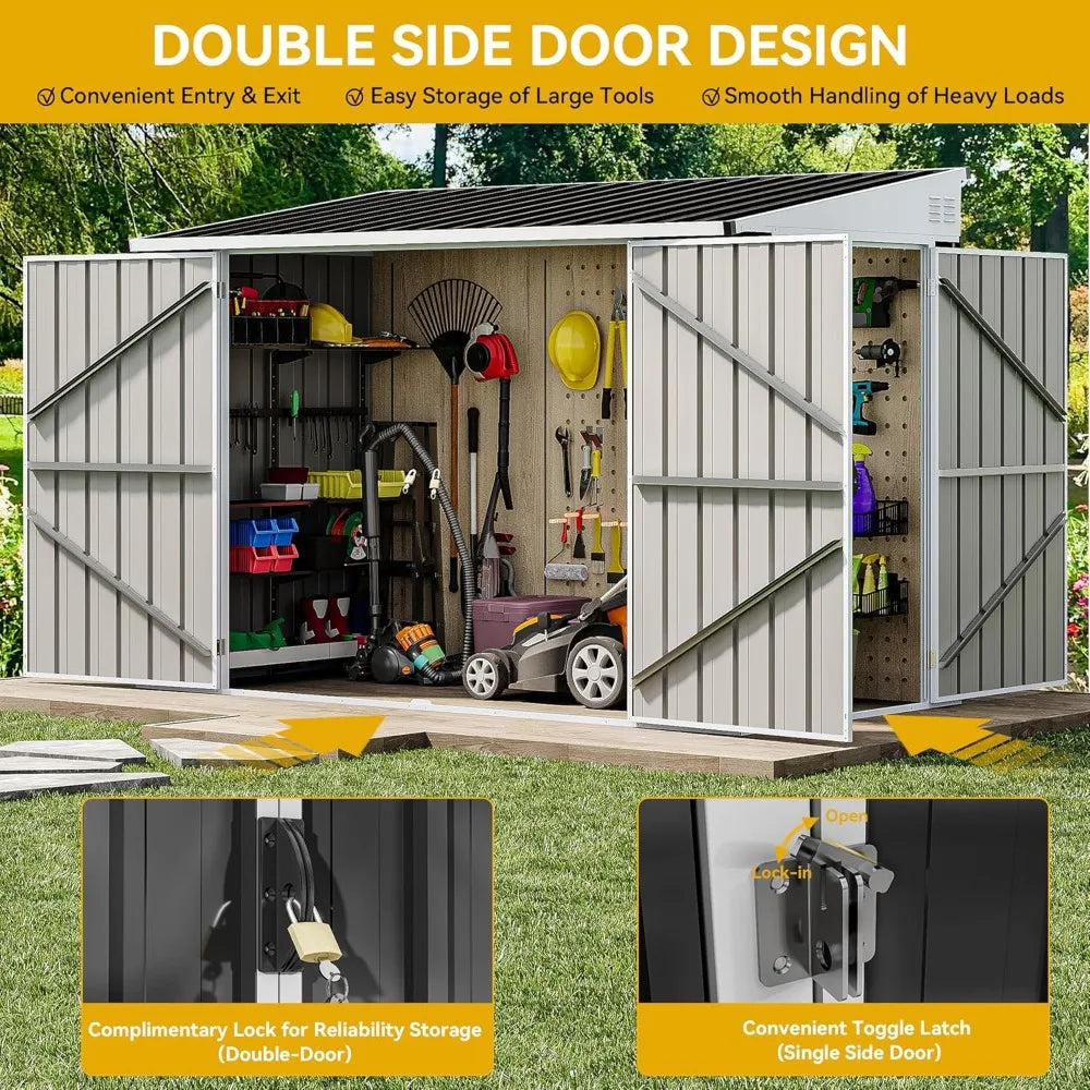 8x4 FT Outdoor Weatherproof Storage Shed, Secure Metal Bike Shed w/Lockable Entry, Garden Storage for Lawn Equipment, Tools