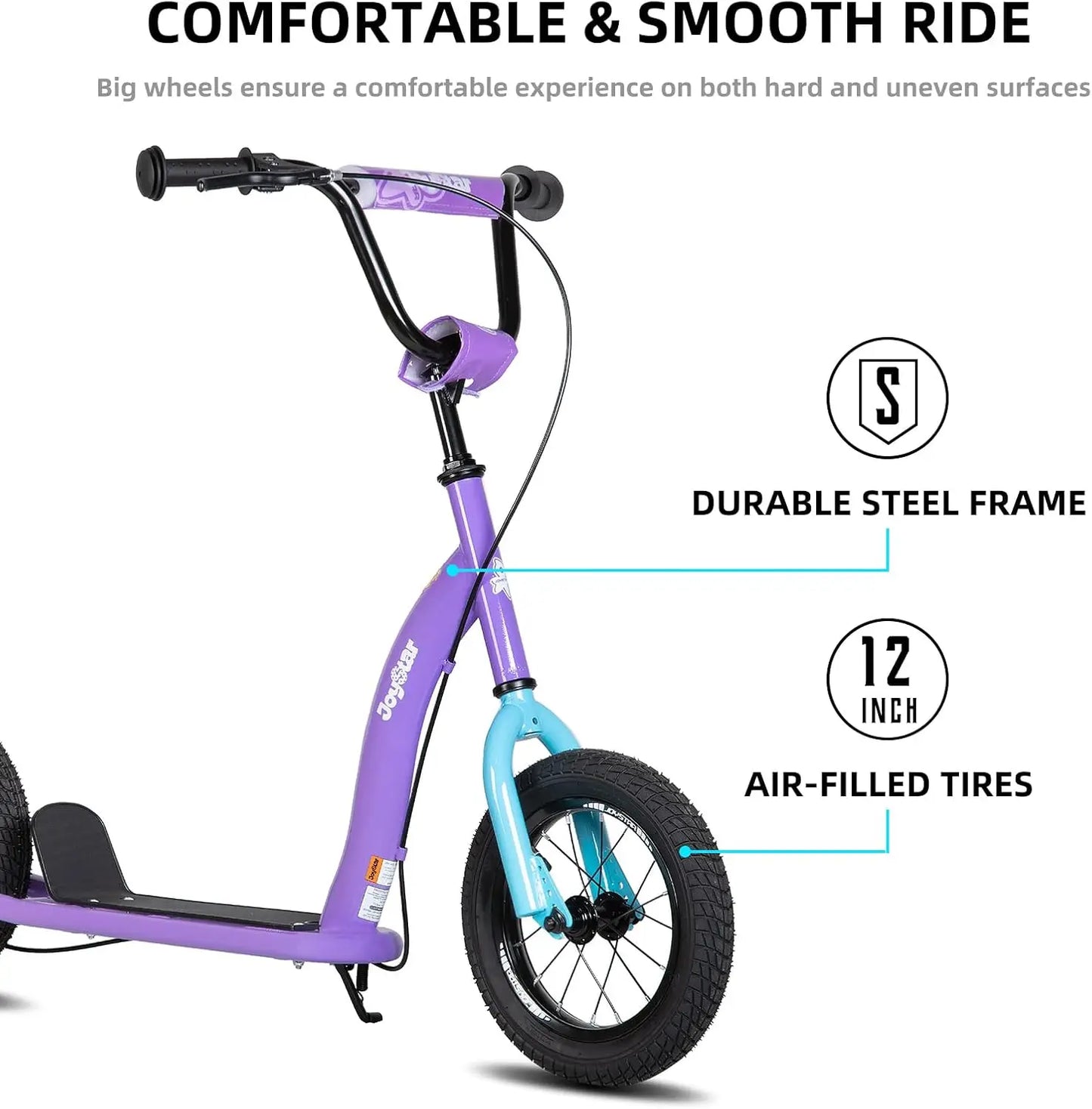 Adjustable Kids Scooter with 12" Inflatable Wheels and Rear Brakes for Ages 5+