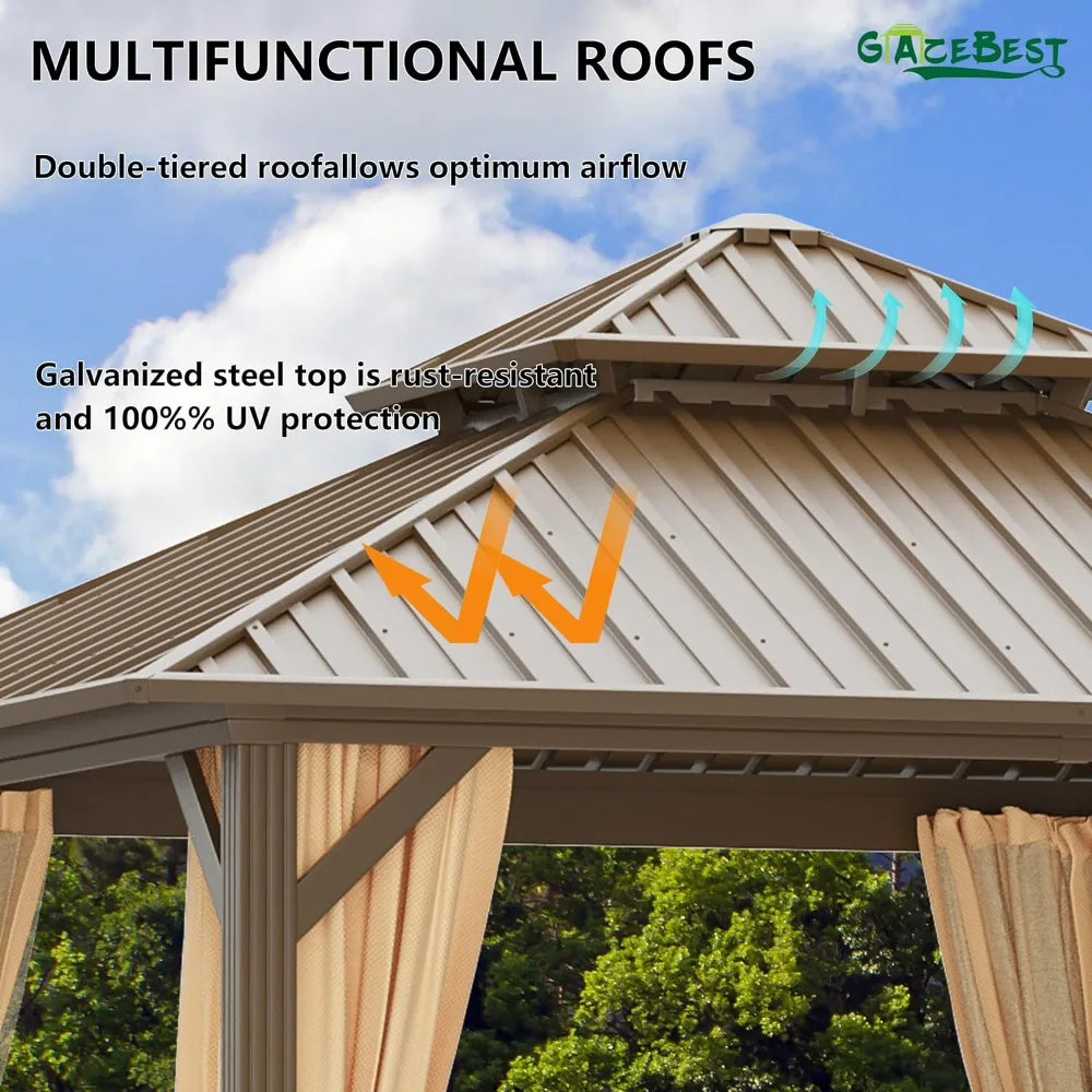 10x10ft Aluminum Hardtop Gazebo with Double Roof, Steel Canopy, Netting & Curtains for Outdoor Patio Garden