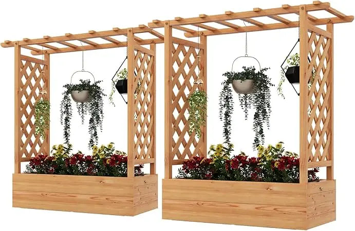 HAPPYGRILL Raised Garden Bed with Trellis, 2 Pack Freestanding Wood Planter Box w/Hanging Roof & 4 Drainage Holes for Vine Climb
