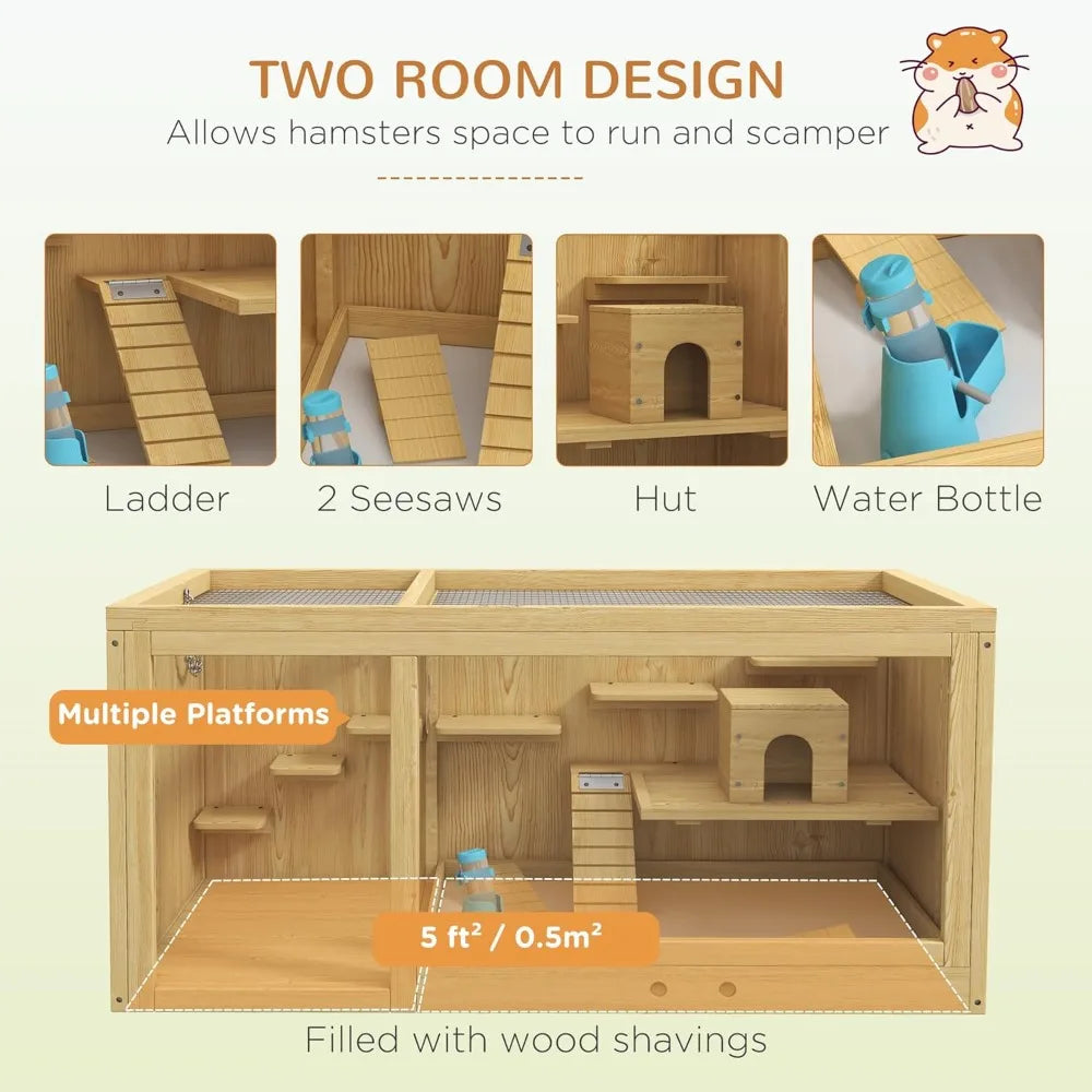 Wooden Hamster Cage Extra Large Gerbil Cage Multi Layer Small Animal Cage for Dwarf Hamster Activity Center with Pull Out Tray