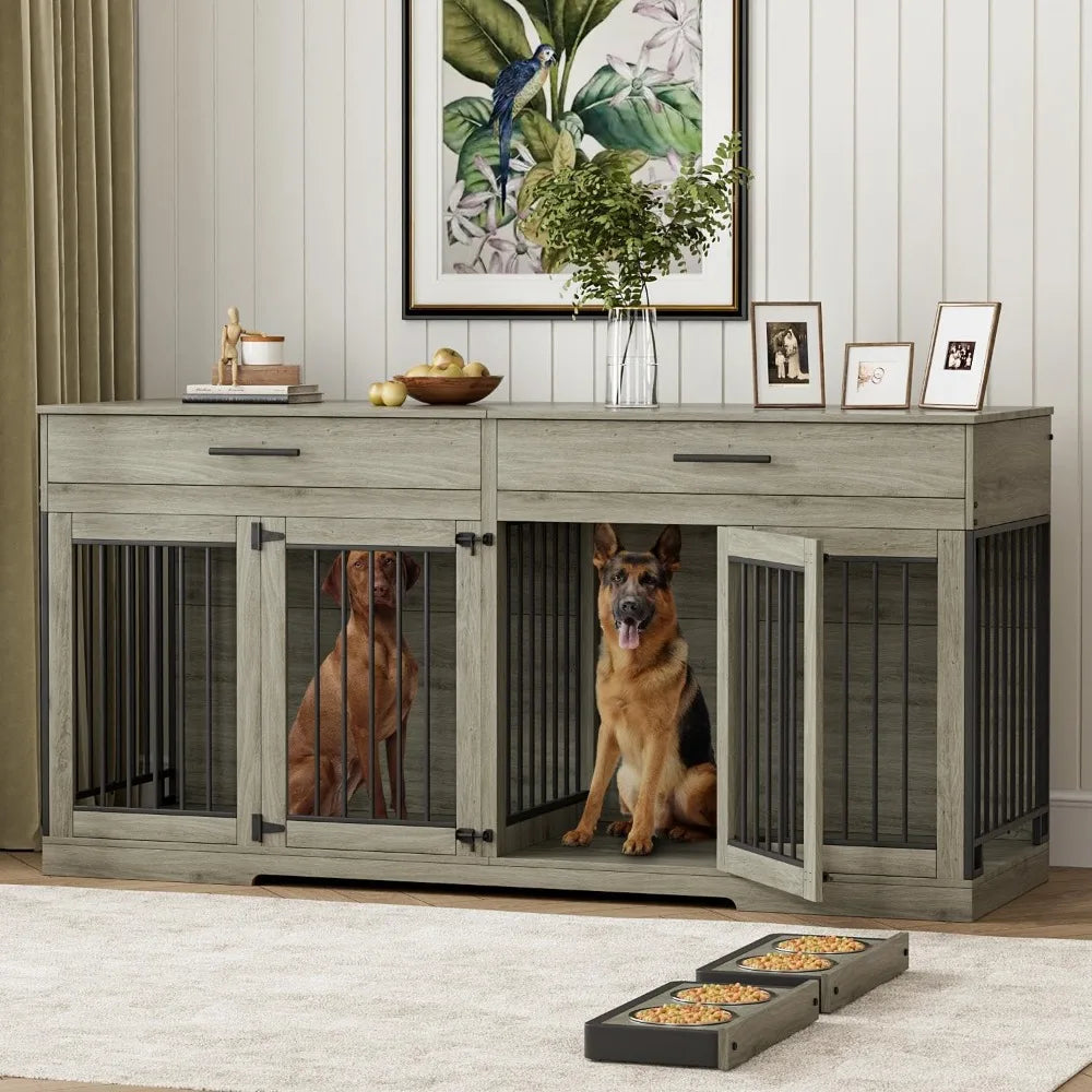 72 Inch Dog Crate Furniture for Two Dogs Large Dog Kennel with Storage Drawers and Removable Divider Wooden Dog Cage
