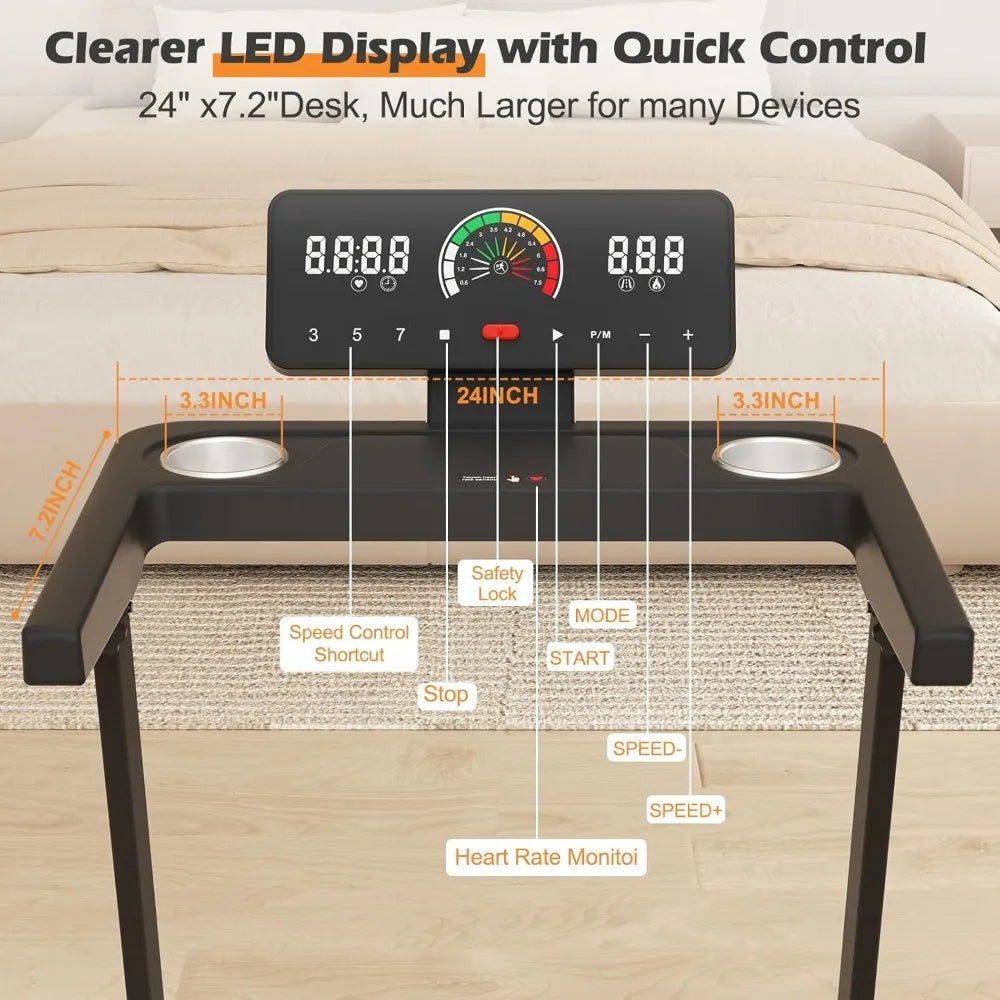 Folding Walking Pad Treadmill with Long Handlebar Armrest 7.5 MPH Foldable Compact Small Treadmill with Work Table Wide Running Surface