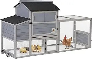 82" Large Wooden Chicken Coop, Outdoor Rabbit Hutch, Guinea Pig Pet House with Wheels, Sunshine Board, Asphalt Roof, Ramp, Open